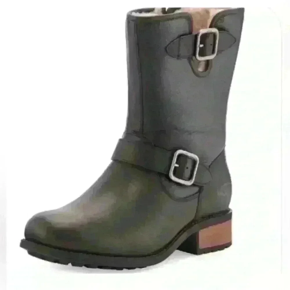UGG Chaney Oiled Leather Boot in Black with Zipper and Buckle Details